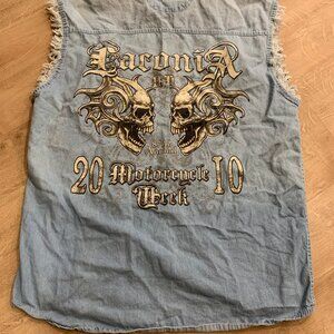 Motorcycle Week 2010 Laconia NH Button Up Shirt Men's Large L Denim Sleeveless